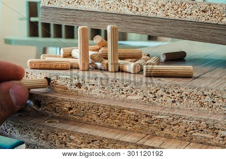 Furniture Fittings, Wooden Dowels, Fastener Connection On Chipboard Workpieces, Close-up