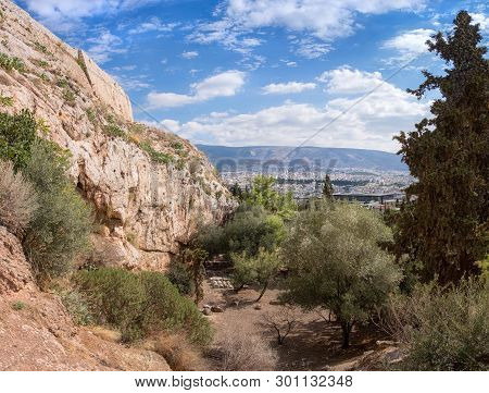 View Towards Athens From The Slopes Of Acropolis Hill In Greece, Panorama Image