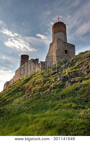 Checiny, Swietokrzyskie / Poland - May, 1, 2019: Old Historic Ruins Of The Royal Castle. A Stronghol