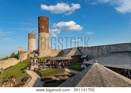 Checiny, Swietokrzyskie / Poland - May, 1, 2019: Old Historic Ruins Of The Royal Castle. A Stronghol