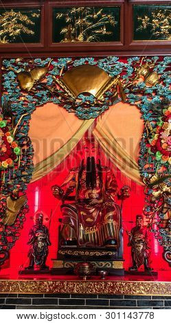 Hong Kong, China - March 8, 2019: Tung Shan Temple In Wing Ping Tsuen Neighborhood. Closeup Of Kwan,