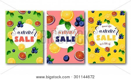 Summer Sale Flyers Set With Bright Colorful Fruits On Green, Pink And Yellow Background.