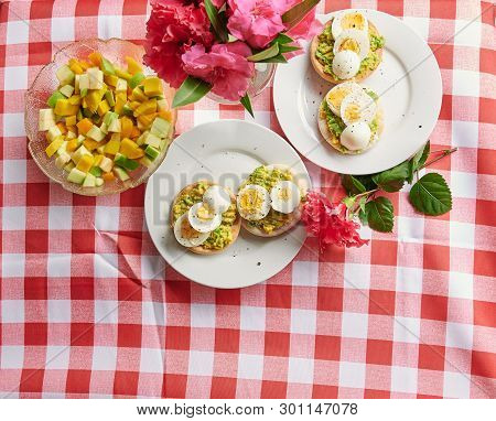 Healthy Breakfast Theme. Egg And Avacado With Salad Food