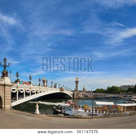 Alexandre Bridge In Paris On A Bright Sunny Day In Spring, Panoramic Image, Space For Your Text