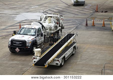 Carolina, Puerto Rico - February 28, 2019:  Jet Blue Ground Support Equipment And Vehicle At San Jua