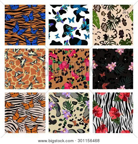 A Set Of Animalistic Prints Combined With Plant Elements And Tropical Butterflies. Set Of Seamless P