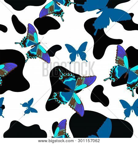 Black And White Cowhide Combined With Blue Butterflies, Seamless Pattern. Vector Image.