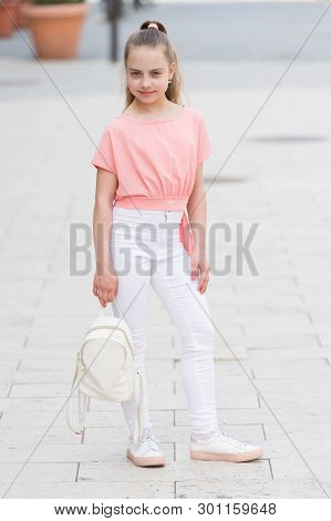 Only Fun On My Mind. Kid Long Hair Enjoy Walk Sunny Day. Summer Holidays. Charming Stylish Fashionab