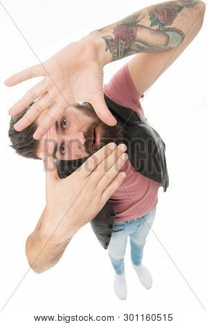 Find Perfect Foreshortening. Masculinity And Brutality. Lumbersexual Well Groomed Hipster Looking At