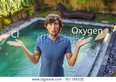 Man Chooses Chemicals For The Pool Chlorine Or Oxygen. Swimming Pool Service And Equipment With Chem