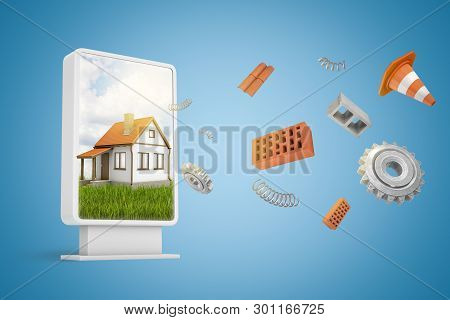 3d Rendering Of Vertical Billboard With White House Poster And Red Bricks, Gear Wheels, Coil Springs