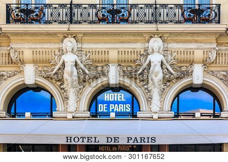 Monte Carlo, Monaco - April 20, 2016: Ornate Exterior Of The Famous Hotel De Paris, Regularly Listed