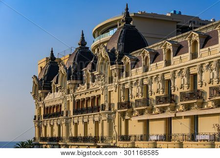 Monte Carlo, Monaco - April 20, 2016: Ornate Exterior Of The Famous Hotel De Paris, Regularly Listed