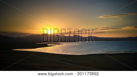 Aerial,panorama Of Song Kul Lake At The Sunset, Kyrgyzstan