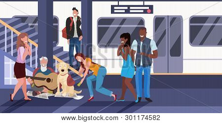 Beggar Sitting With Dog Train Subway Railway Underground Station Mix Race Passengers Giving Money To