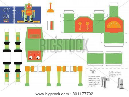 Cut And Glue Robot Toy Vector Illustration. Paper Craft And Educational Worksheet With Funny Robotic