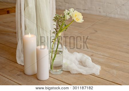 Branch Of Blooming White Peony Tulip Mattiola Branch In A Glass Vase White Wax Candles Stand On The 