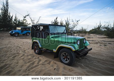 Mui Ne, Vietnam. 27.01.2019: Driving A 4-wheel Drive Suv On The Desert. The White Sand Desert Trip I