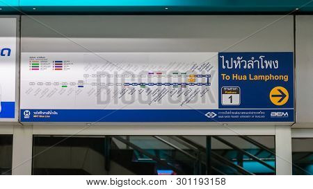 Bangkok, Thailand - March 21, 2019: New Subway Map Information Of Mrt Blue Line In Mrt Station. Mrt 