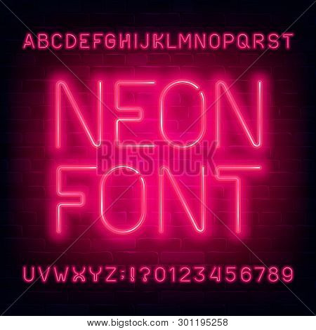 Neon Alphabet Font. Red Light Bulb Simple Letters And Numbers. Dark Brick Wall Background. Stock Vec