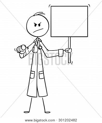 Cartoon Stick Figure Drawing Conceptual Illustration Of Serious Looking Doctor Pointing Finger At Vi