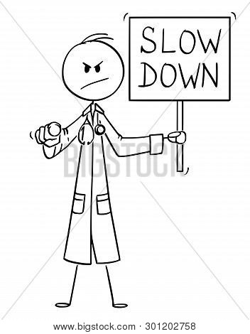 Cartoon Stick Figure Drawing Conceptual Illustration Of Serious Looking Doctor Pointing Finger At Vi