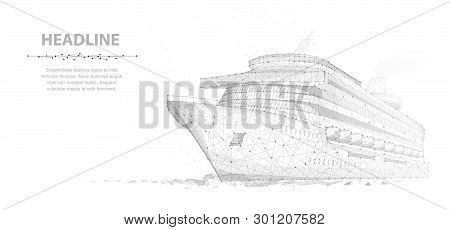 Ship. Abstract Vector Luxury Ruise Liner Ship On Dark Blue Night Sky Background With Dots, Stars.