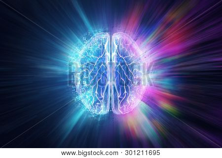 Creative Background, The Human Brain On A Blue Background, The Hemisphere Is Responsible For Logic,