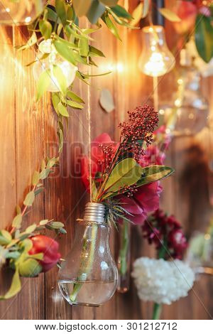 Rustic Wedding Photo Zone. Hand Made Wedding Decorations Includes Photo Booth  Red Flowers. Garlands
