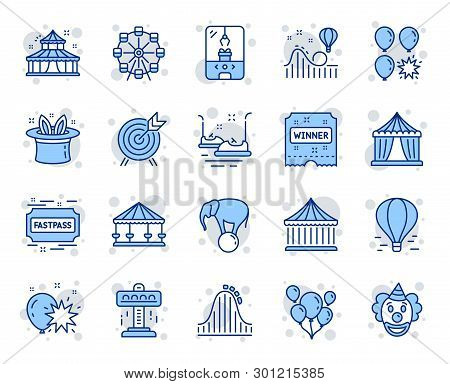 Amusement Park Line Icons. Set Of Carousel, Roller Coaster And Circus Icons. Air Balloon, Crane Claw