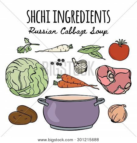 Shchi National Russian Cuisine Traditional Soup Recipe Food Vector Illustration Set For Print Fabric