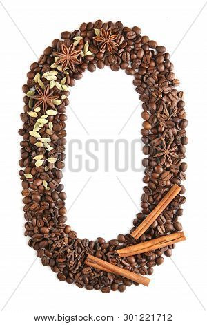 Number 0 From Coffee Beans And Species Isolated On White Background