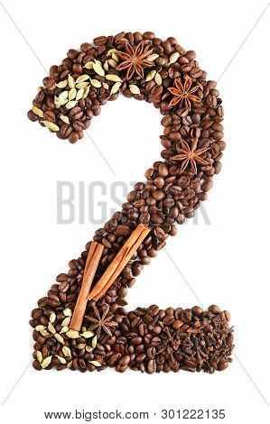 Number 2 From Coffee Beans And Species Isolated On White Background