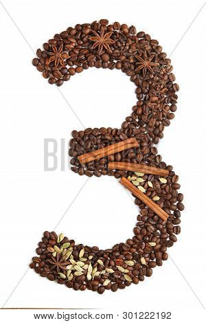 Number 3 From Coffee Beans And Species Isolated On White Background