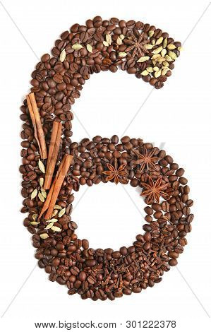 Number 6 From Coffee Beans And Species Isolated On White Background