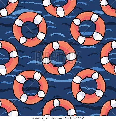 Cute Lifering In The Ocean Cartoon Seamless Vector Pattern.