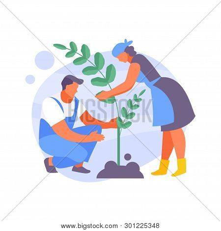 Gardeners Man And Woman Plant A Tree. Ecology And Volunteering. Vector Illustration