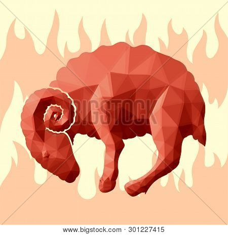 Beautiful Red Low Poly Illustration With Ram In Fire