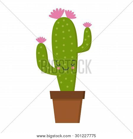 Cartoon Cactus Character With Flower And Cute Face. Kawaii Potted Plant Vector Illustration.