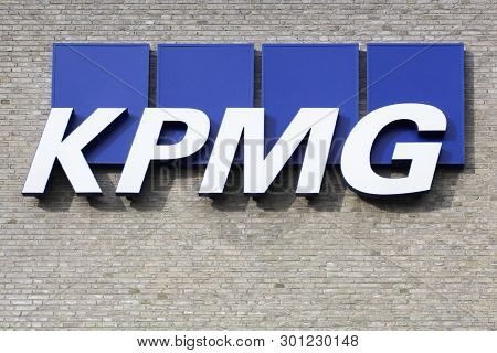 Aarhus, Denmark - October 7, 2018: Kpmg Logo On A Facade. Kpmg Is One Of The Largest Professional Se