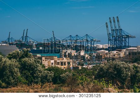 Blue Cranes In The Port, Malta Freeport, Birzebbuga
