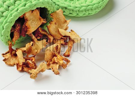 Chanterelle Mushrooms Are Stored In A Wicker Green Basket Of Knitted Yarn, White Background, Bright 