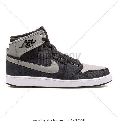 Vienna, Austria - August 10, 2017: Nike Air Jordan 1 Ko High Og Black And Grey Sneaker On White Back