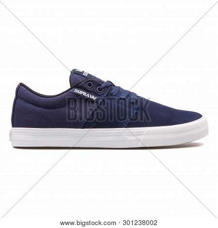 Vienna, Austria - August 10, 2017: Supra Stacks Vulc 2 Navy Blue And White Sneaker On White Backgrou