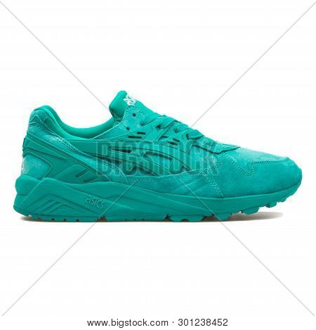 Vienna, Austria - August 10, 2017: Asics Gel Kayano Trainer Green Sneaker On White Background.
