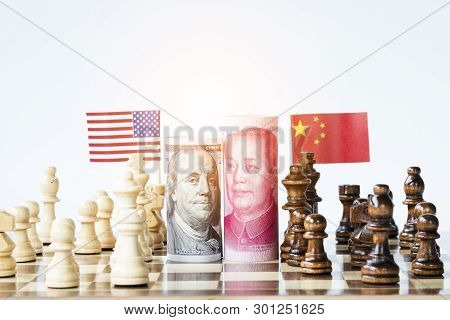 Us Dollar And Yuan Banknote With Chess For Tariff Trade War Between United States And China Which Bo