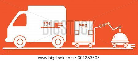 Vector Illustration With Robot Loader Loads Boxes Into A Truck. Automation Warehouse Processes. Smar
