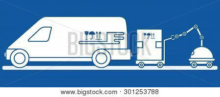 Vector Illustration With Robot Loader Loads Boxes Into A Car. Automation Warehouse Processes. Smart 