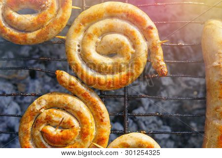 Fried Twisted Sausages Kupaty Grilled Cooking On The Grill