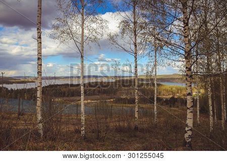 Beautiful Views Of The Mountains To The Lakes, Houses, Birches And Forest. Finnish Landscape. Lakes 